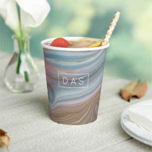 Luxe Strata   Slate Blue Taupe Pink Agate Monogram Paper Cups