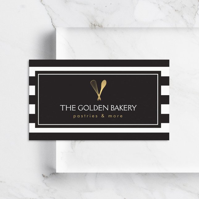 Luxe Striped Gold Whisk Spoon Logo Bakery, Chef Business Card (Creator Uploaded)