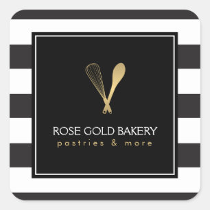 Luxe Striped Gold Whisk Spoon Logo Bakery, Chef Square Sticker