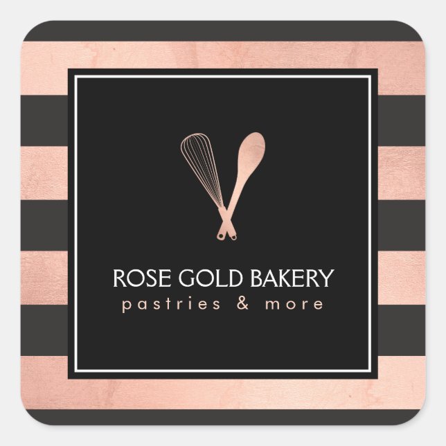 Luxe Striped Rose Gold Whisk Spoon Logo Bakery II Square Sticker (Front)
