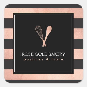 Luxe Striped Rose Gold Whisk Spoon Logo Bakery II Square Sticker