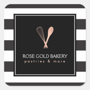 Luxe Striped Rose Gold Whisk Spoon Logo Bakery Square Sticker