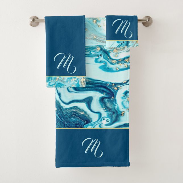 Luxe Teal Ocean Blue Gold Marble Monogram Name Bath Towel Set (Insitu)