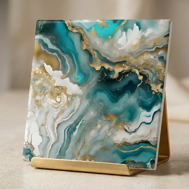 Luxe Teal Turquoise & Gold Agate Marble Fluid Art Tile (Creator Uploaded)