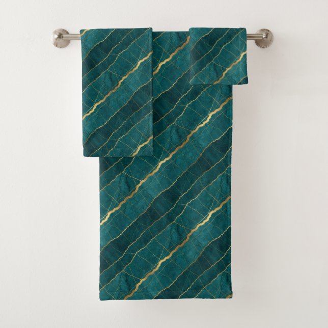 Luxe Turquoise Blue and Gold Marble Towel Set (Insitu)