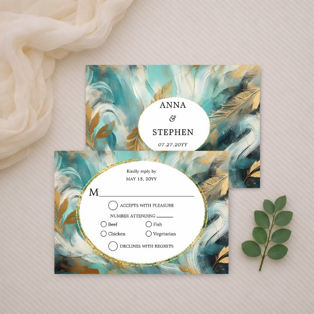 Luxe Turquoise Gold Brushstroke RSVP Card (Creator Uploaded)