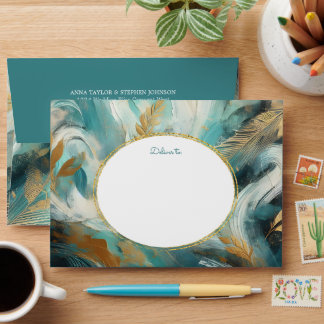 Luxe Turquoise Gold Brushstrokes Envelope