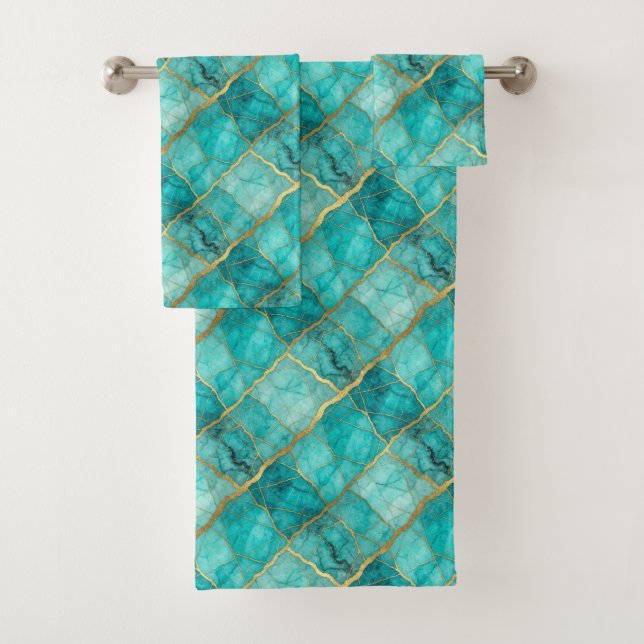 Luxe Turquoise Teal Blue and Gold Marble Towel Set (Insitu)