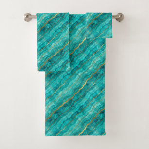 Luxe Turquoise Teal Blue and Gold Marble Towel Set