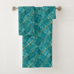 Luxe Turquoise Teal Blue and Gold Marble Towel Set