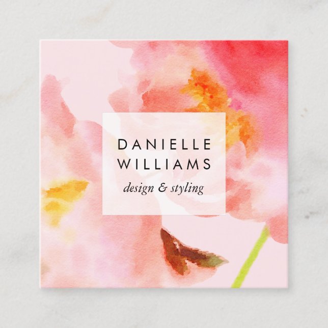 Luxe Watercolor Pink Florals Square Business Card (Front)
