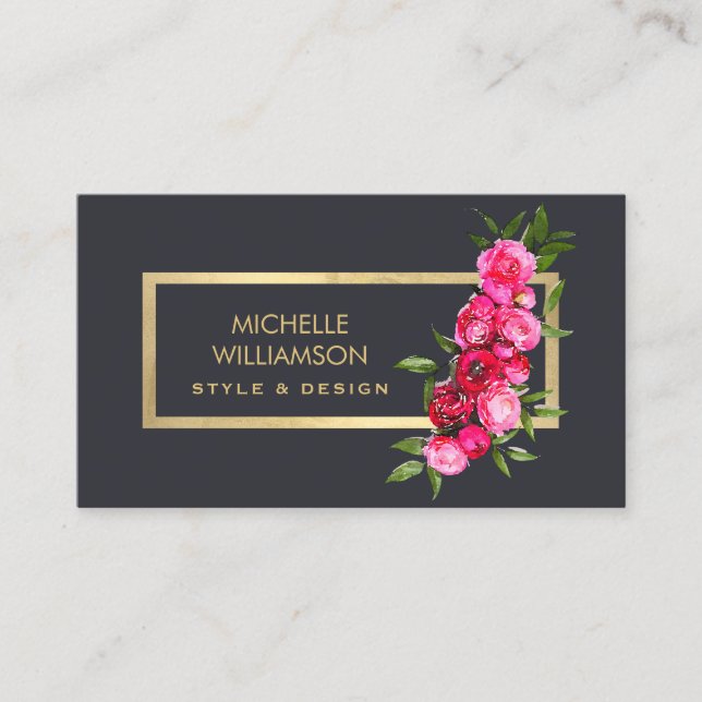 Luxe Watercolor Roses Gold/Grey Business Card (Front)