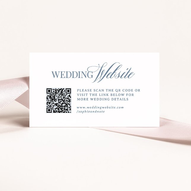 Luxe White and Dusty Blue Wedding Website QR Code Enclosure Card (Creator Uploaded)