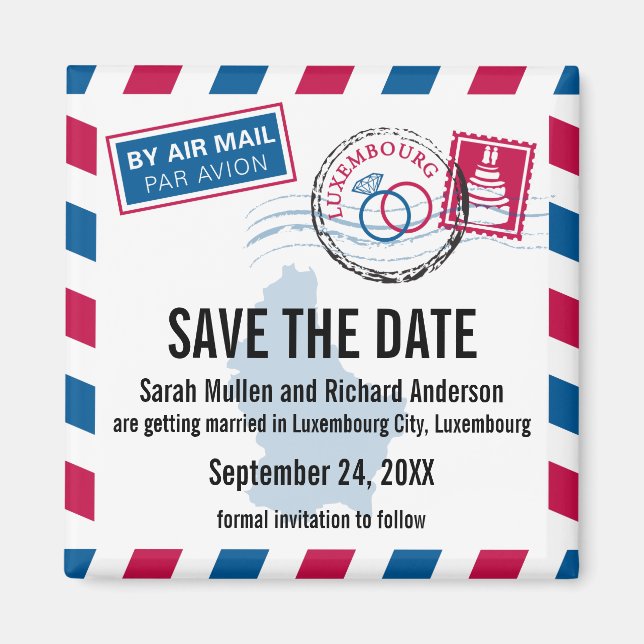 Luxembourg Air Mail Wedding Save the Date Magnet (Front)