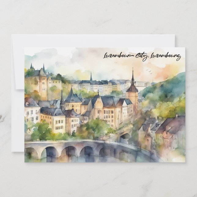 Luxembourg City Watercolor Painting Panorama View Card (Front)