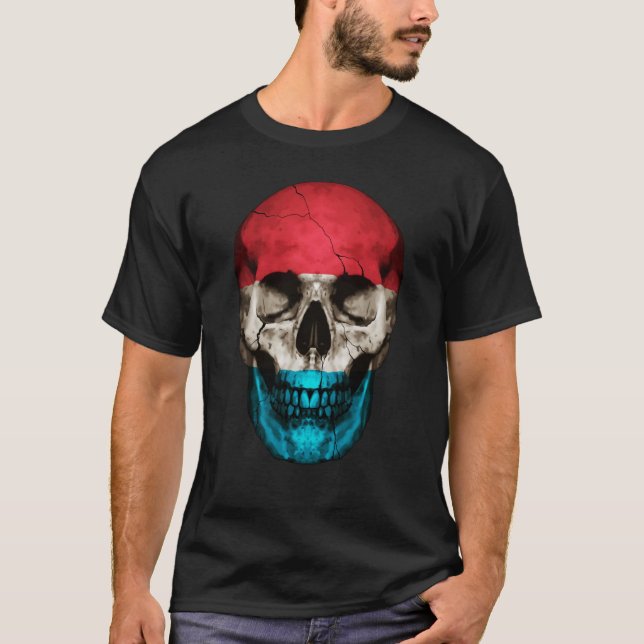 Luxembourg Flag Skull Luxembourger Roots Proud Pat T-Shirt (Front)