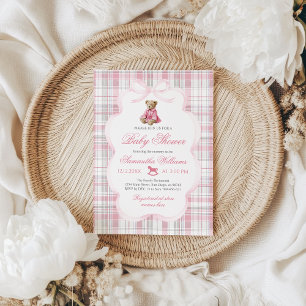 Luxsary Teddy Bear Pink Plaid Baby Girl Shower  Invitation