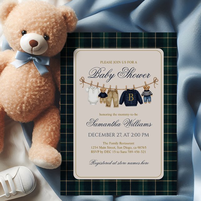 Luxsary Teddy Bear Plaid Baby Shower  Invitation (Creator Uploaded)