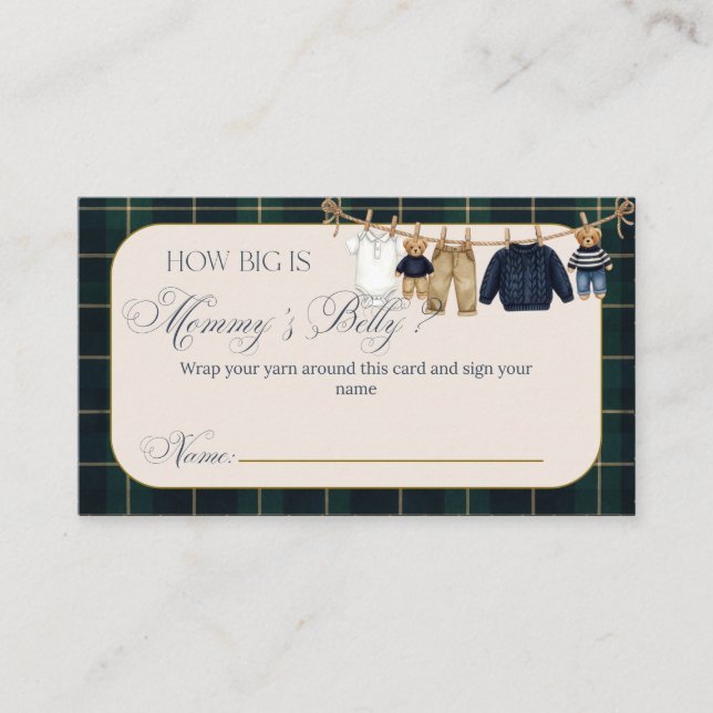 Luxsary Teddy Bear Plaid Baby Shower Mom Belly Enclosure Card (Front)