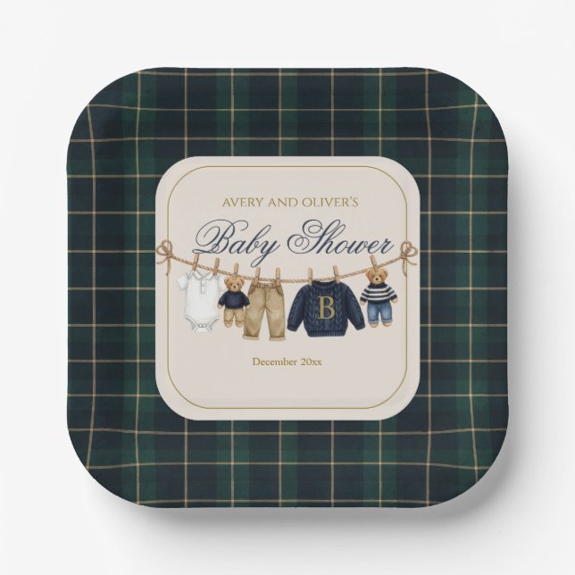 Luxsary Teddy Bear Plaid Baby Shower Paper Plate (Front)