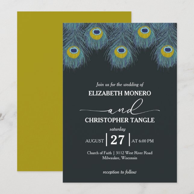 Luxurious and Elegant | Peacock Feather Wedding Invitation (Front/Back)
