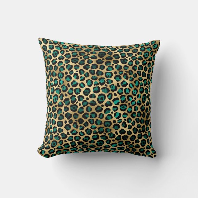 LUXURIOUS ANIMAL PRINT LEOPARD GREEN GOLD CUSHION (Front)