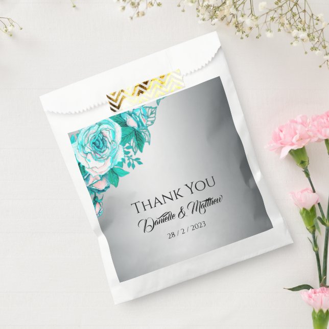 Luxurious Aqua Roses on Silver Elegant Favour Bags (Sealed)