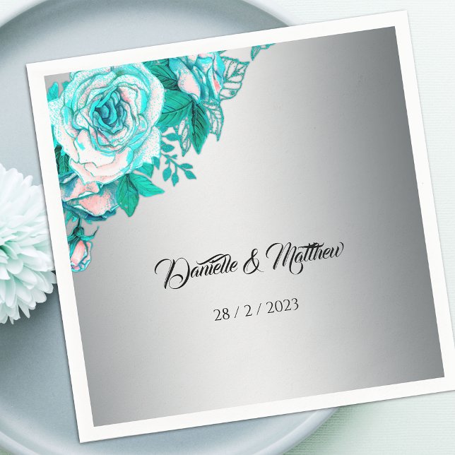 Luxurious Aqua Roses on Silver Elegant Wedding Napkin (Creator Uploaded)