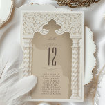Luxurious Arabesque Wedding Table Number Card<br><div class="desc">Set a regal tone at your wedding reception with this luxurious table number card, inspired by the intricate artistry of Arabesque design. The card showcases an elaborate ivory arch with swirling patterns reminiscent of traditional Middle Eastern art, set against a rich taupe canvas. The main attraction, a grand table number,...</div>