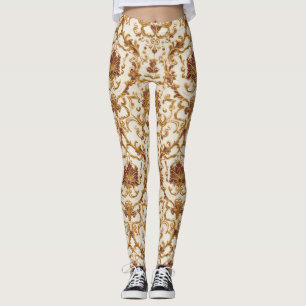 Luxurious Baroque Gold Ornament on Ivory Leggings