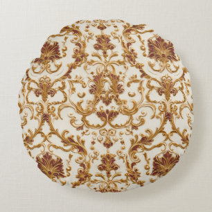 Luxurious Baroque Gold Ornament on Ivory Round Cushion