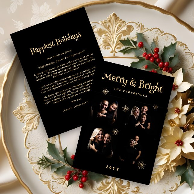 Luxurious Black 6 Gold 4 Photos Collage Christmas  Holiday Card (Luxurious Black & Gold 4 Photos Collage Christmas Snowflakes Holidays Cards. )
