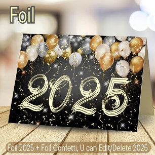 Luxurious Black and Gold Confetti Balloon New Year Foil Holiday Card