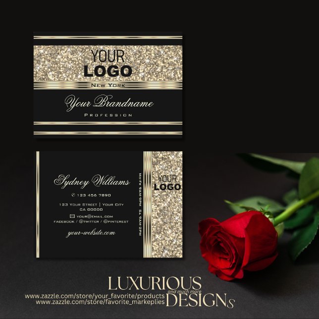 Luxurious Black and Gold Glitter Stars add Logo Business Card (Creator Uploaded)