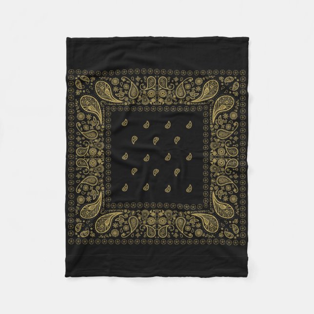 Luxurious Black and Gold Paisley Design Fleece Blanket (Front)