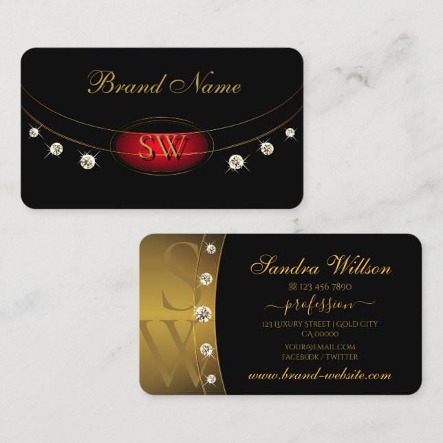Luxurious Black and Gold with Monogram Diamonds Business Card (Front/Back)