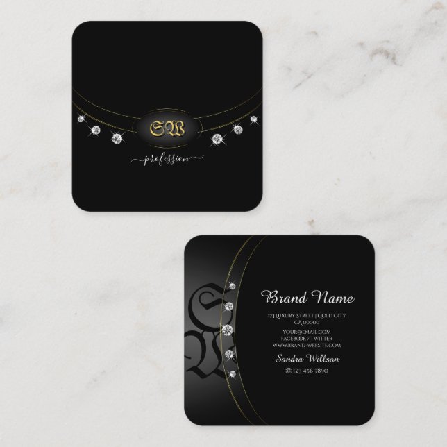Luxurious Black and Gold with Monogram Diamonds Square Business Card (Front/Back)
