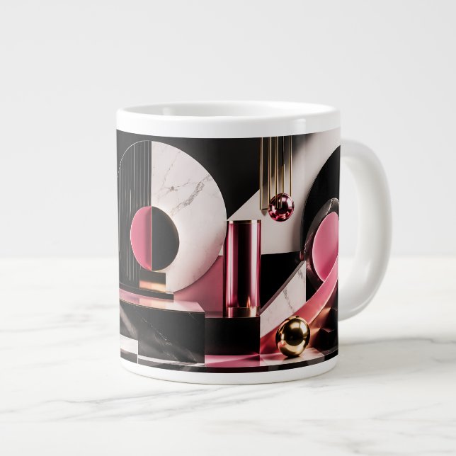 Luxurious Black and Pink Marble Geometric Design Large Coffee Mug (Front Right)