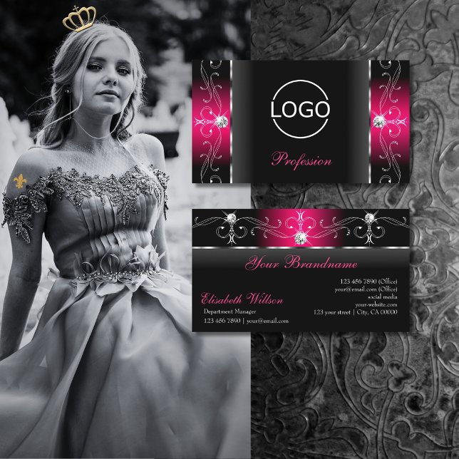 Luxurious Black and Pink Squiggled Jewels add Logo Business Card (Creator Uploaded)