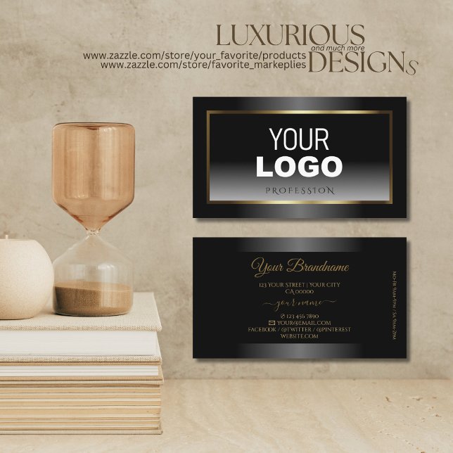 Luxurious Black and White Ombre Gold Frame Logo Business Card (Creator Uploaded)
