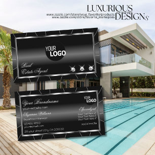 Luxurious Black and White with Diamonds & Logo Business Card