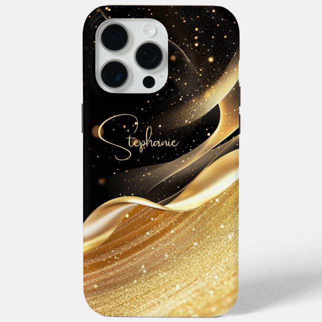Luxurious black base & gold pearl name iPhone case (Back)