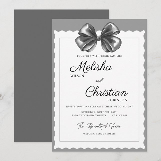 Luxurious Black Bow Wedding Invitation. Invitation (Front/Back)