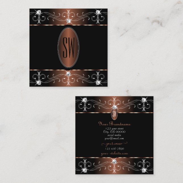 Luxurious Black Brown Ornate Ornaments Monogram Square Business Card (Front/Back)