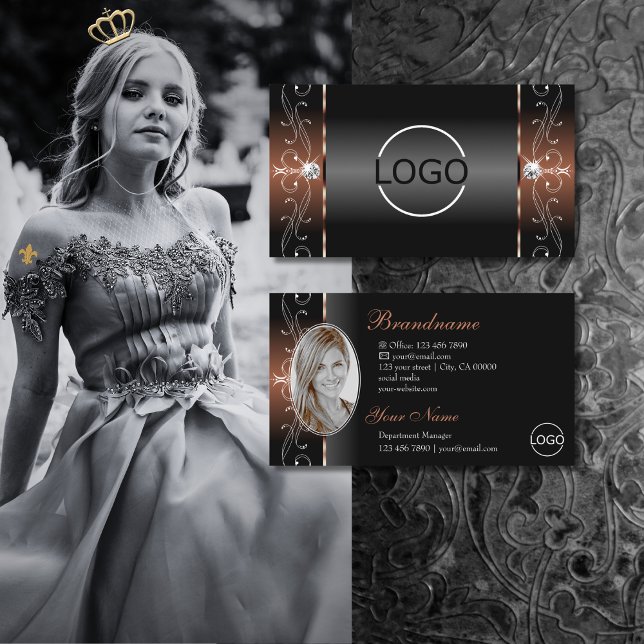 Luxurious Black Brown Squiggled Jewels Logo & Foto Business Card (Creator Uploaded)