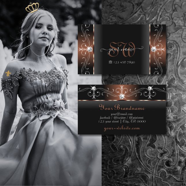 Luxurious Black Brown Squiggled Jewels Monogram Business Card (Creator Uploaded)