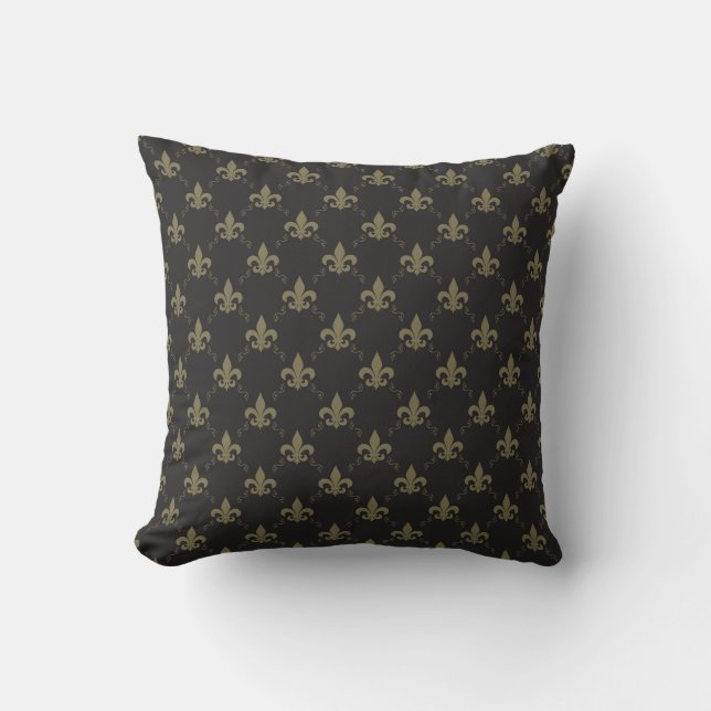 Luxurious Black Gold Fleur De Lis Pattern Cushion (Front)