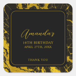 Luxurious Black & Gold Marble Sweet 16 Birthday Square Sticker