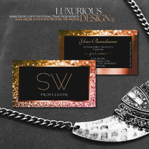 Luxurious Black Rose Gold Golden Glitter Monogram Business Card