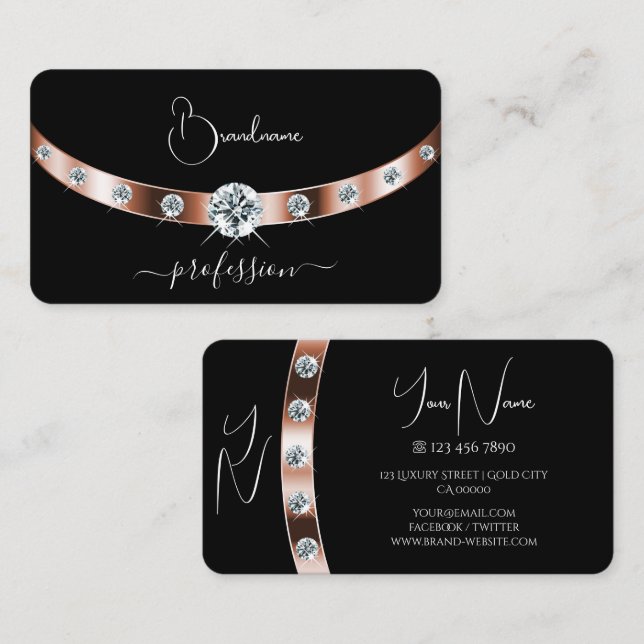 Luxurious Black Rose Gold with Jewels and Monogram Business Card (Front/Back)